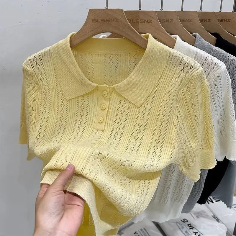 Summer Women's Thin Knit Polo Shirt Hollow-Out Short Sleeve Top Knitted T-shirts  for Women Korean Fashion Elegant Knitwear - Matrix-studios.com