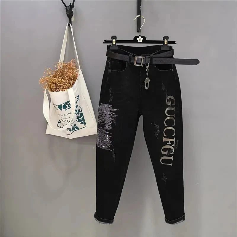 Oversized 5XL High Waist Elastic Skinny Jeans Women New Slim Vintage Diamonds Pencil Trousers Casual Ankle-length Denim Pants - Matrix-studios.com