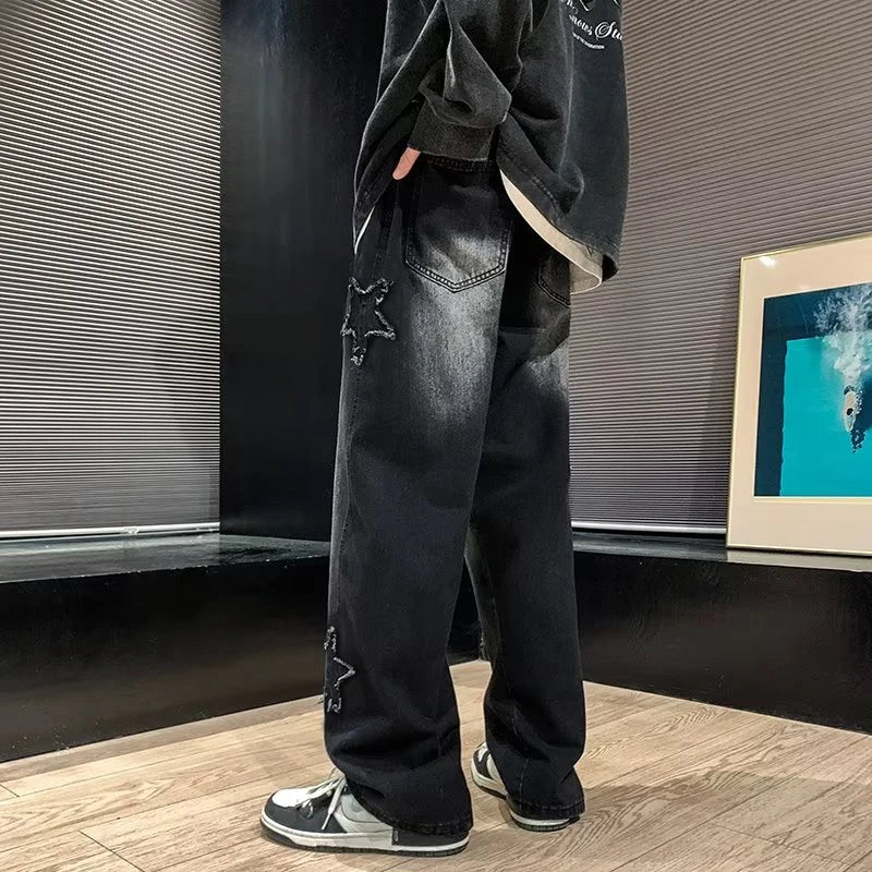 Star Embroidery Straight Casual Men Jeans Gothic Neutral New Wide Leg Loose Hip-hop Fashion Youth Streetwear Denim Trousers Y2K - Matrix Studios