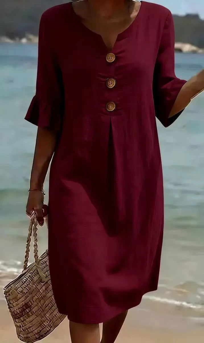 2026 Amazon European and American Cross-Border Spring and Summer New Cotton and Linen V-Neck Dress with Large Buttons and Ruffle - Matrix-studios.com