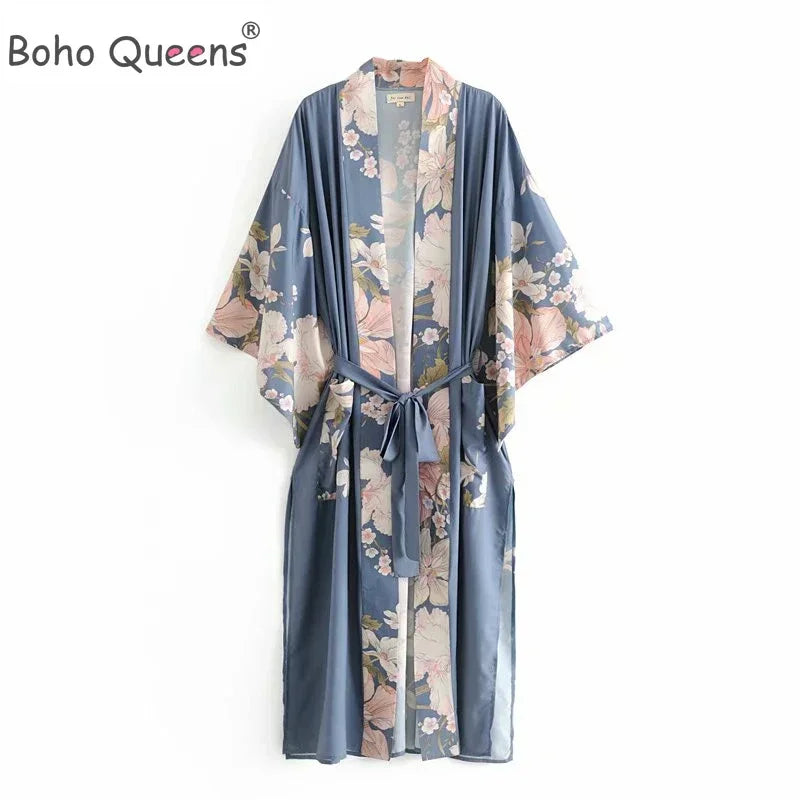Boho Queens Vintage Peacock Floral Print Sashes Women Bohemian V Neck Batwing Sleeves Ladies Blouses Happie Beach Robe Cover-up - Matrix Studios