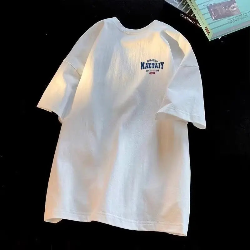 8XL Men Oversized Fashion Loose American Vintage Letter NAET Print Short Sleeve Round Neck Versatile Trend Couple outfit