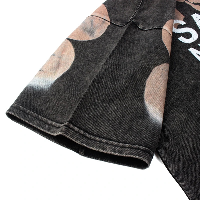 Retro Washed Black SATOSHI Tshirts Men Women Summer Cotton Flame Skull Pattern Mechanical Jesus Cross Print Short Sleeve Tops - Matrix-studios.com