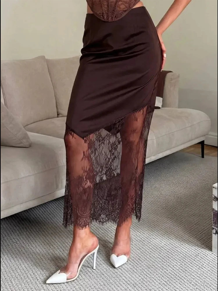 Trendix Women Patchwork Lace Skirts 2025 New High Waist Slim Hollow Out Maxi Skirts Autumn Brown Fashion Party Club Boho Skirt - Matrix-studios.com