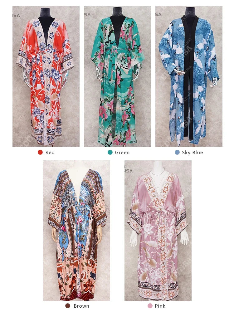 2025 Bikini Cover-ups Pink Boho Print Self Belted Front Open Long Kimono Dress Beach Tunic Women Swim Suit Cover Up Dress - Matrix Studios