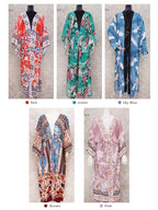 2025 Bikini Cover-ups Pink Boho Print Self Belted Front Open Long Kimono Dress Beach Tunic Women Swim Suit Cover Up Dress - Matrix Studios