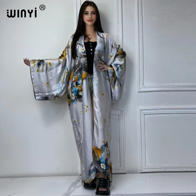 WINYI 2022 africa Boho Printed Long Kimono Dress Bikini Wrap Cover-ups Women Summer Clothes Beach Wear Swim Suit Cover Up kaftan - Matrix Studios