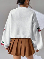 Fashionable Low Shoulder Cherry Embroidery Pattern Cardigan Commuter Sweater Women's Loose Jacket Knitted Sweater - Matrix Studios