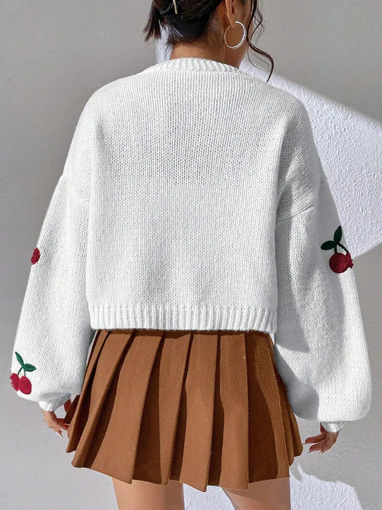Fashionable Low Shoulder Cherry Embroidery Pattern Cardigan Commuter Sweater Women's Loose Jacket Knitted Sweater - Matrix Studios