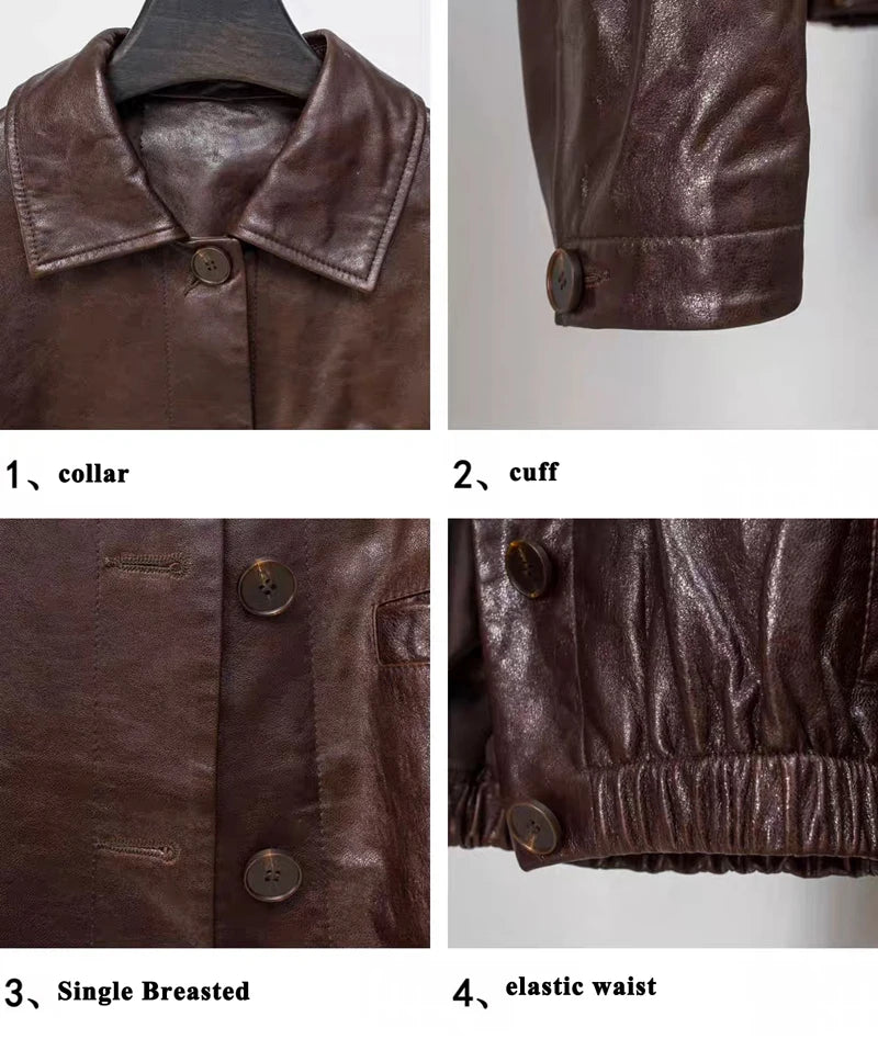 Advanced Oil Wax Leather Jacket for Women Autumn Winter Female 100% Lambskin Square Neck Elastic Waist  Loose Coat Vestes Femmes - Matrix Studios