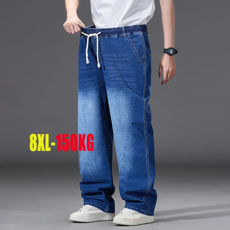 8XL Elastic Waist Men's Jeans, Loose Straight Leg Stretch Denim Pants, Plus Size Casual Streetwear, Big Size Relaxed Fit Trouser - Matrix Studios