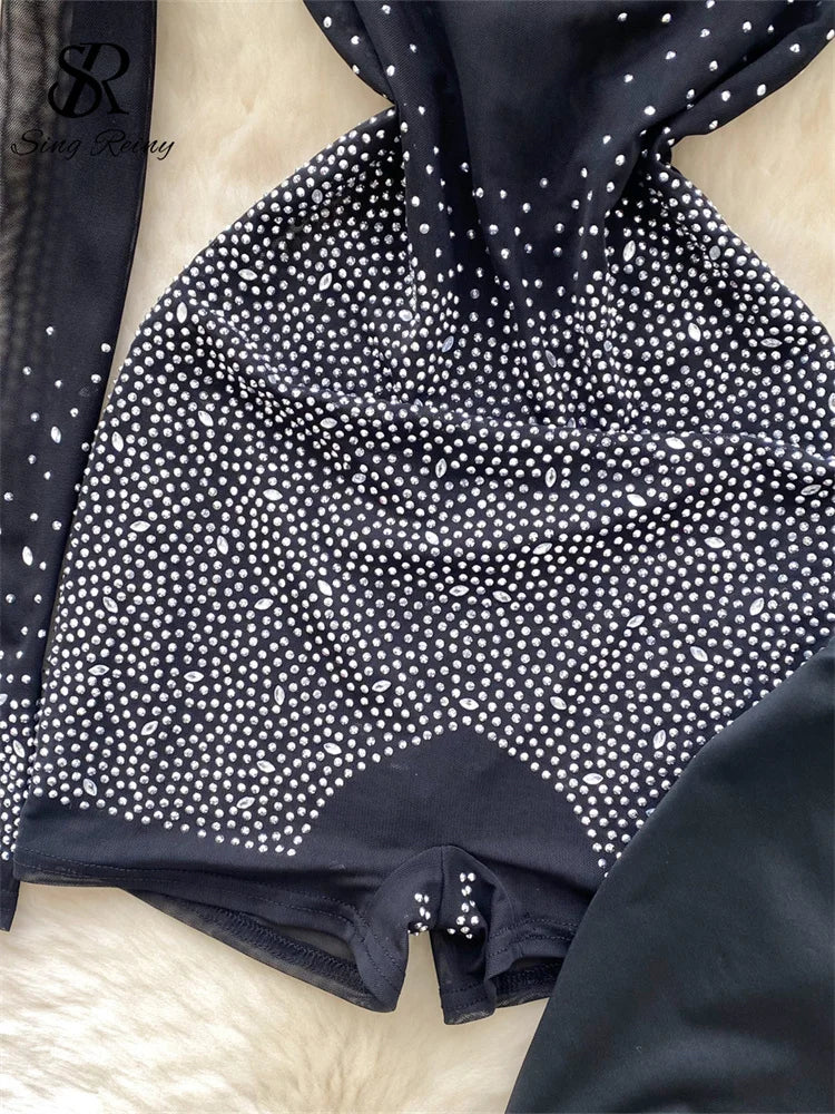 SINGREINY Summer Thin Sheer Sexy Bodysuit Long Sleeve Zipper With Shorts Design Rompers Beadings Streetwear Women Mesh Playsuits - Matrix Studios