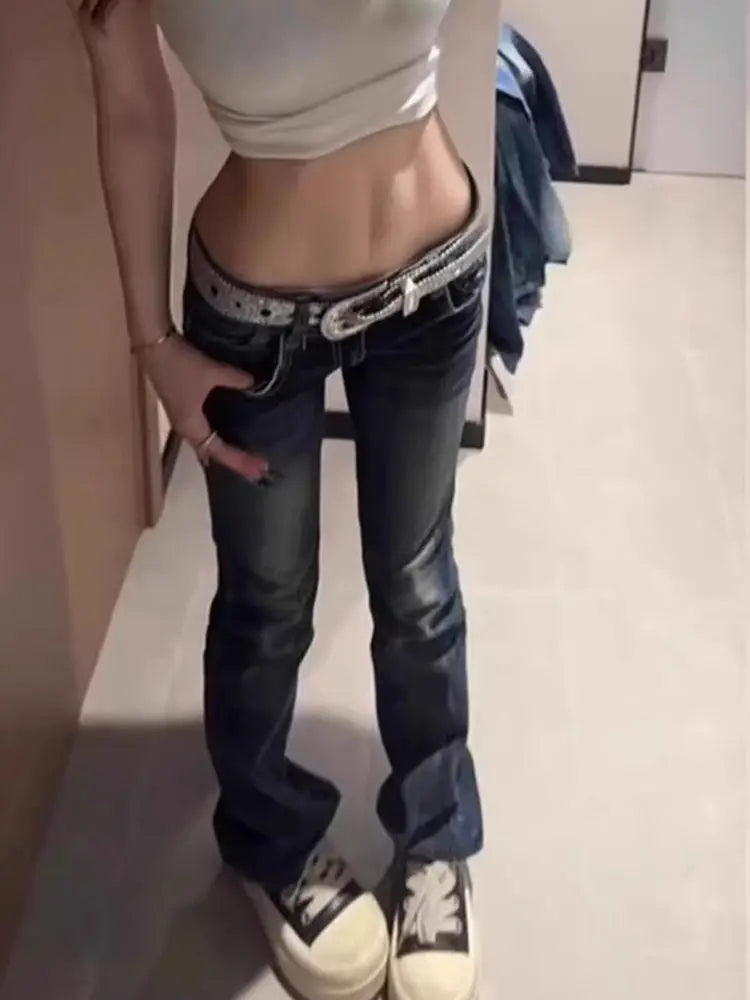 Autumn Y2K Fashion Retro Punk Low Waist Casual Embroidery Diamond Jeans Women Blue Wings Pattern Embroidered Leg Slim Pants 2025 - Matrix-studios.com