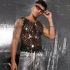 Sparkling Diamond Cut-Out See-Through Vest For Men - New Summer Style Sexy Nightclub Party Fishnet Beaded Outerwear Top - Matrix Studios