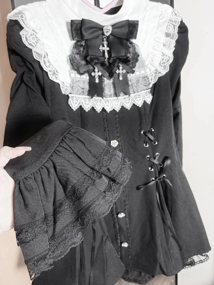 Japanese Y2 Aesthetics Vintage Bow Dress Shorts Set Women Gothic Lolita Style Long Sleeve Shirt Dress Elegant Party Dress Suits - Matrix-studios.com