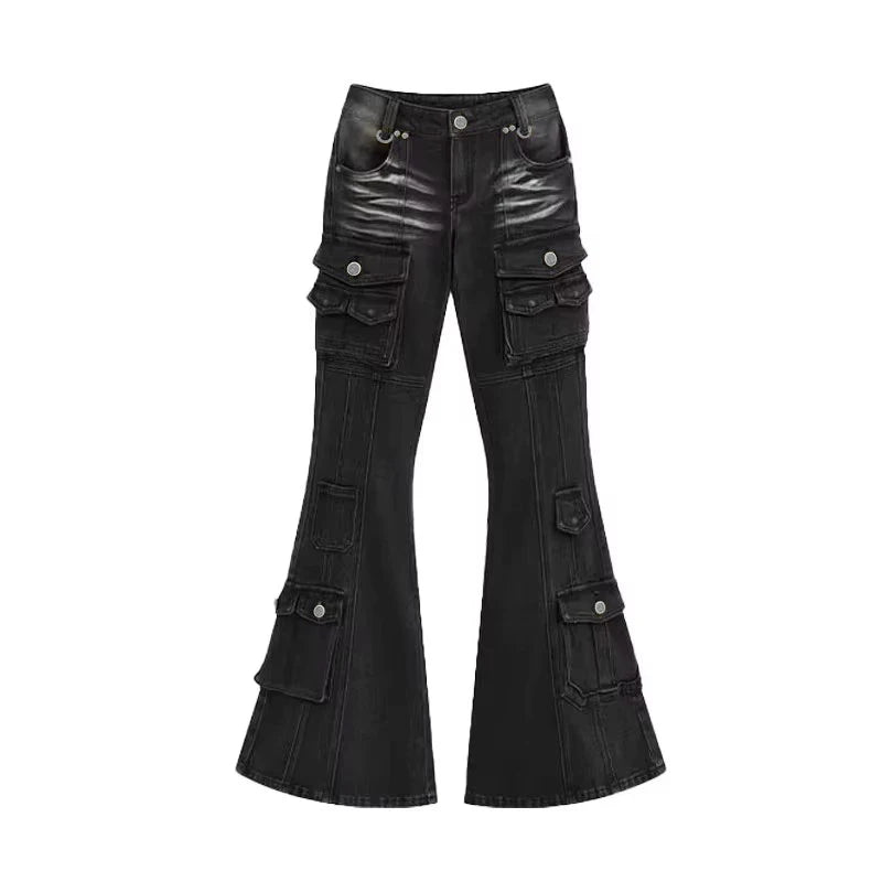 REDDACHiC Black Low Waist Cargo Jeans 2000s Distressed Whiskers Multi-pocket Stretch Bootcut Pants Women Retro Grunge Streetwear - Matrix-studios.com