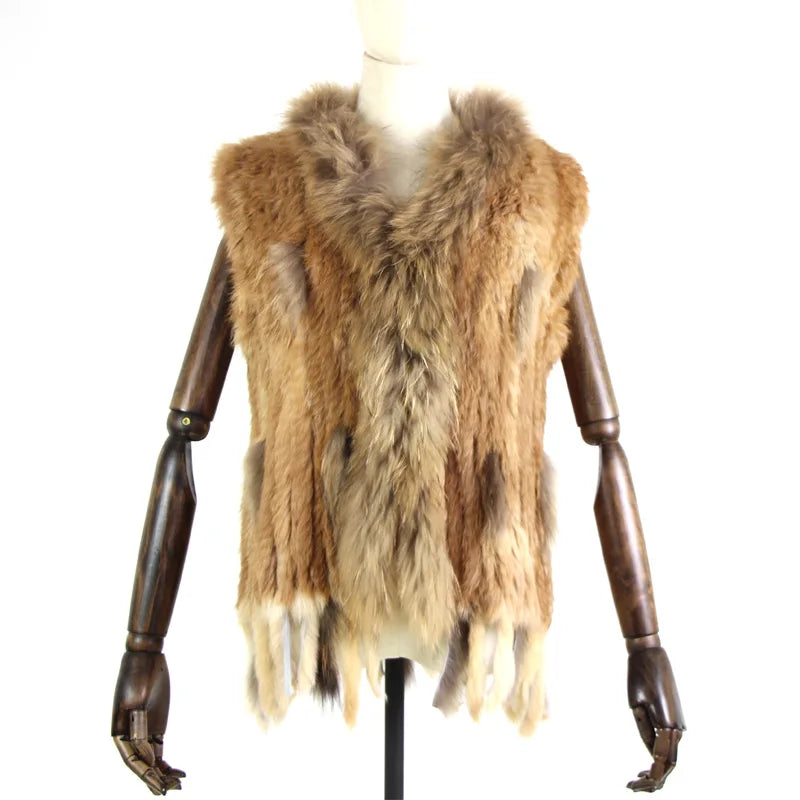 Harppihop womens natural real rabbit fur vest with raccoon fur collar waistcoat/jackets rex rabbit knitted winte - Matrix Studios