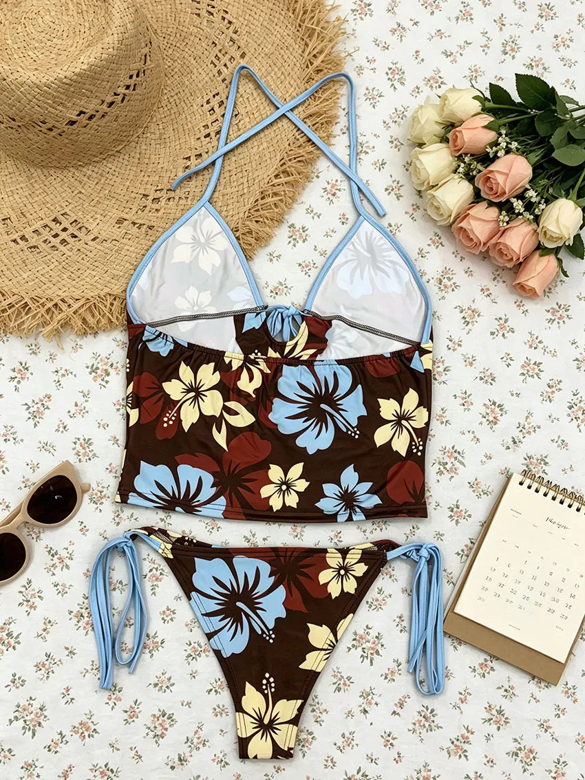 Vintage Y2K Ladies Flower Tankini Swimsuit Halter Neck Self Tie Front Top Matching Side Tie Bikini Bottom Two Piece Beach Outfit - Matrix-studios.com