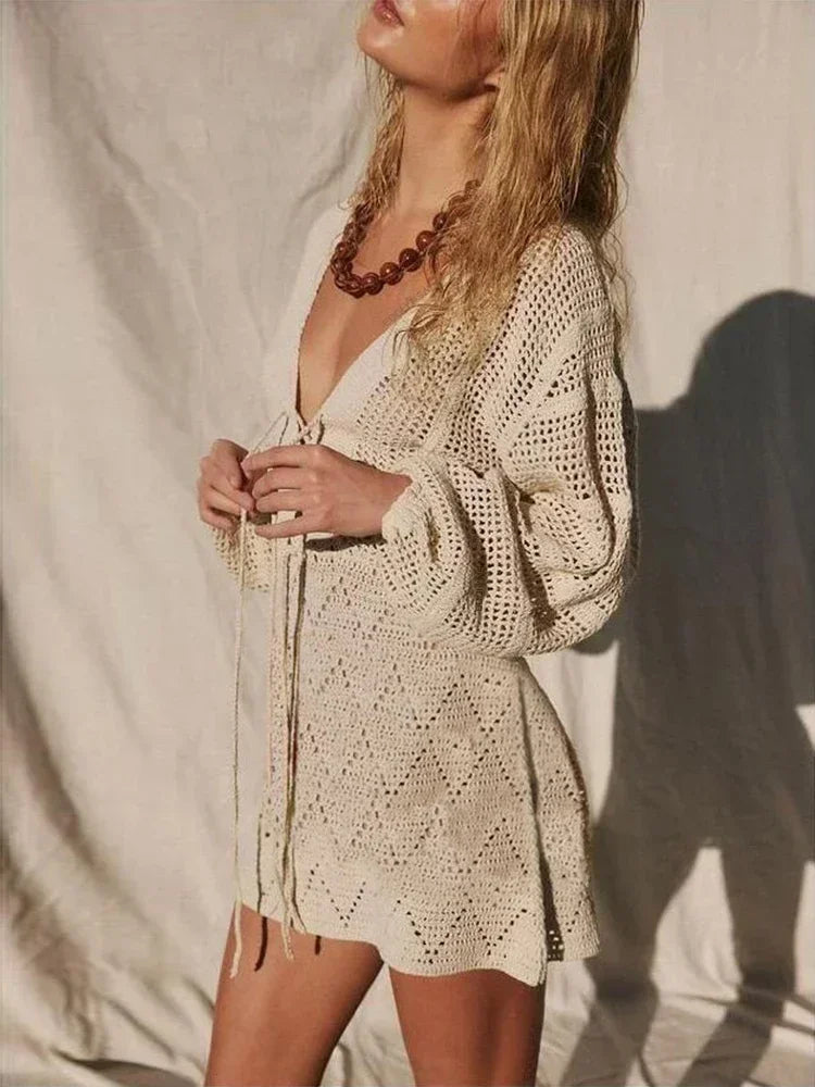 Sexy Deep V-neck Lace-up Bell Sleeve Knit Mesh Hollow Out Beach Mini Dress 2026 Summer Swimsuit Cover Up Women Casual Tunic K14 - Matrix Studios