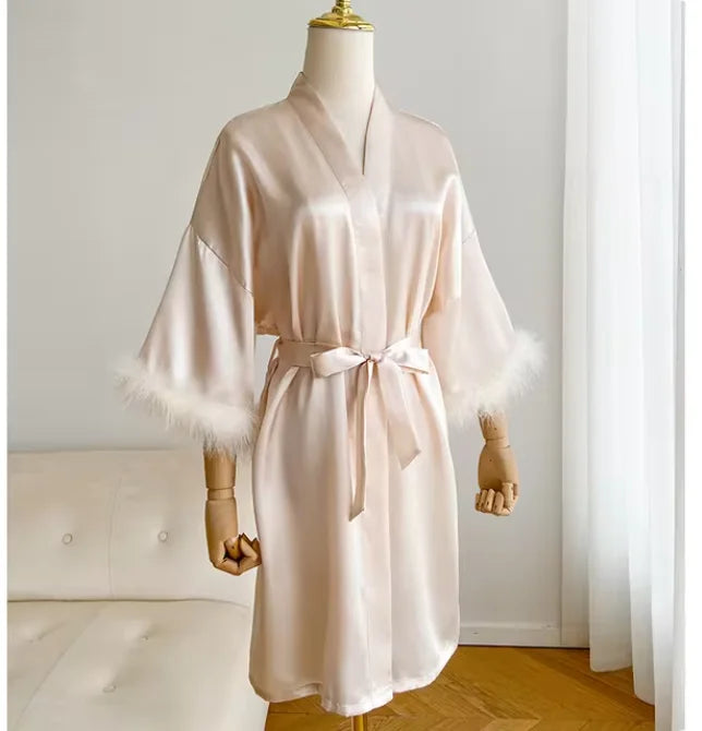 White Bride Wedding Robe with Feathers Women Satin Peignoir Sexy Bridesmids Kimono Gowns Short Bathrobe Bridal Intimate Lingerie - Matrix-studios.com