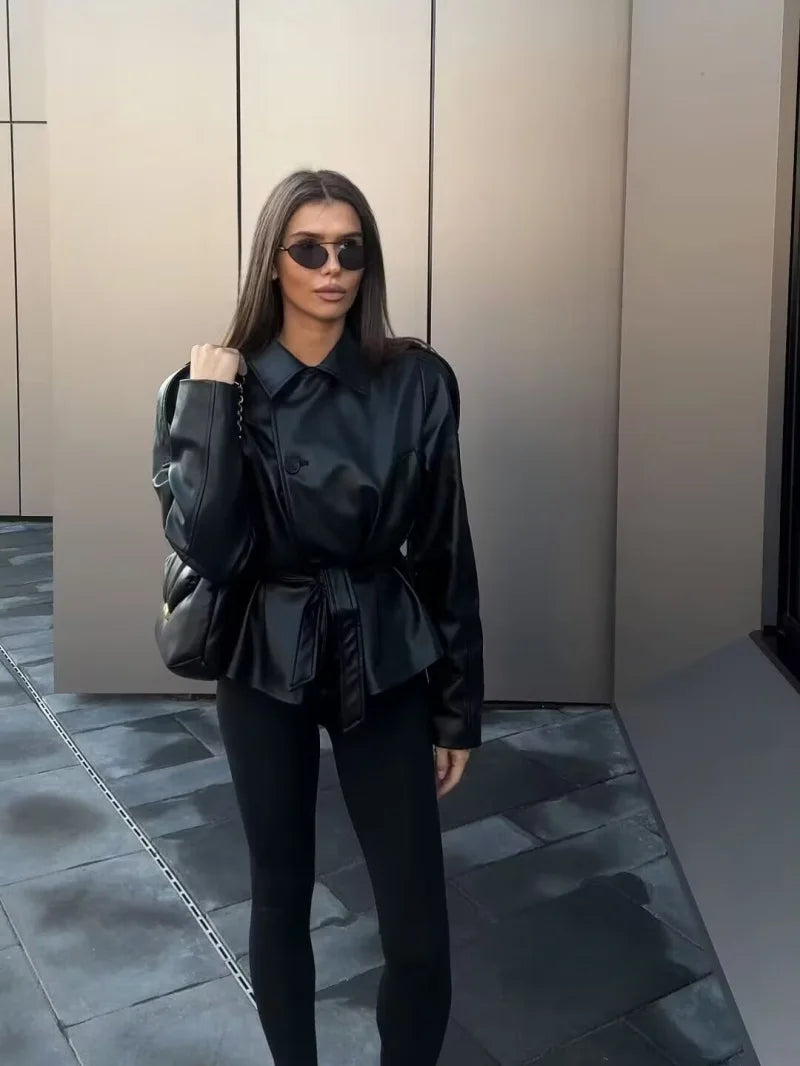 ETJ 2025 autumn new women's fashion belt imitation leather long sleeve short trench coat casual leather coat - Matrix Studios