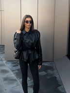 ETJ 2025 autumn new women's fashion belt imitation leather long sleeve short trench coat casual leather coat - Matrix Studios