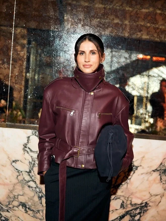 Women Solid Burgundy Waist Cinching Jacket Fashion Lace Up Stand Collar Zipper Bucket Short Jackets 2026 Lady High Street Coat - Matrix Studios