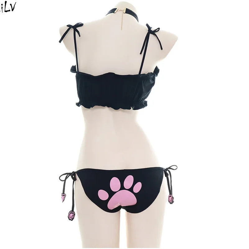 Japanese Anime Cat Cosplay Uniform Bra Panties Set Women Intimates Kawaii Lolita Hollow Out Sexy Lingerie Underwear Set - Matrix-studios.com