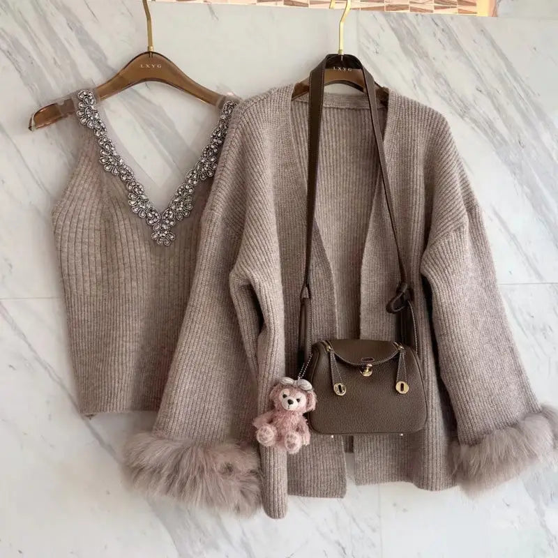 Heavy Diamond V-neck Sexy Slim Fit Knitted Vest+ Autumn Winter Long Sleeve Cardigan Coat Women 2026 New Two Piece Sets - Matrix Studios
