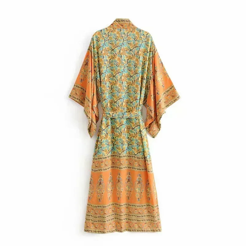 Boho Queens Women Yellow Floral Print Sashes  Kimono Ladies V Neck Batwing Sleeves Bohemian Maxi Dress Robe Cover-up - Matrix Studios