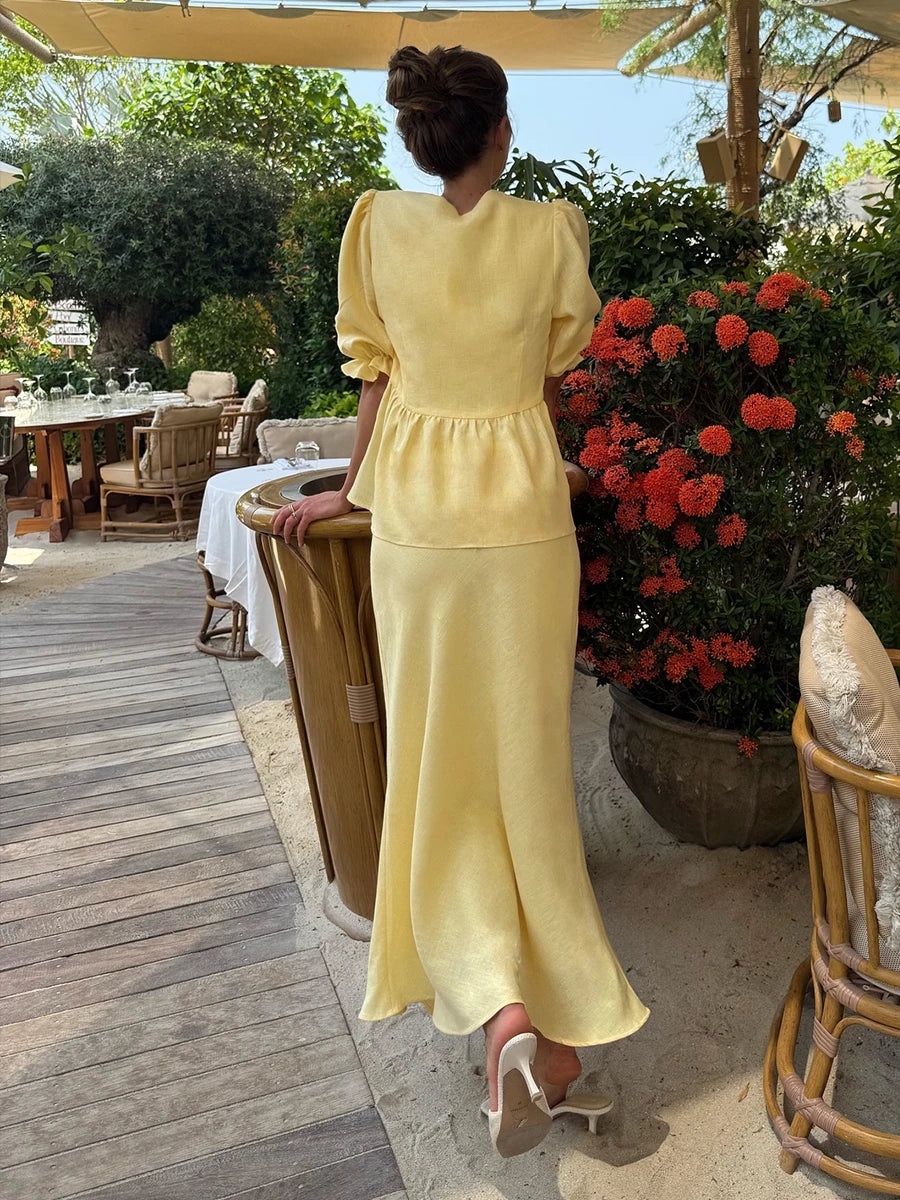 Bornladies 2025 Summer Women's 100% Cotton V-Neck Lace-Up Bubble Sleeve Shirt  Long Skirt Set Loose Casual Two-Piece Suit - Matrix-studios.com