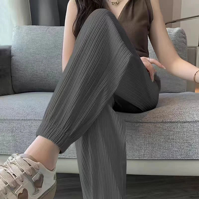 Thin Casual Wide Leg Harem Ankle-Length Pants Solid Elastic Waist Women New In ClothingSweet Streetweat Summer Long Trousers OL