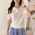 WinvyNee Women Cotton T-shirt Summer Short Sleeve Blue Solid Slim Fit Y2k Polo Collar Casual Pullovers Clothing Basic ZA1523009 - Matrix-studios.com