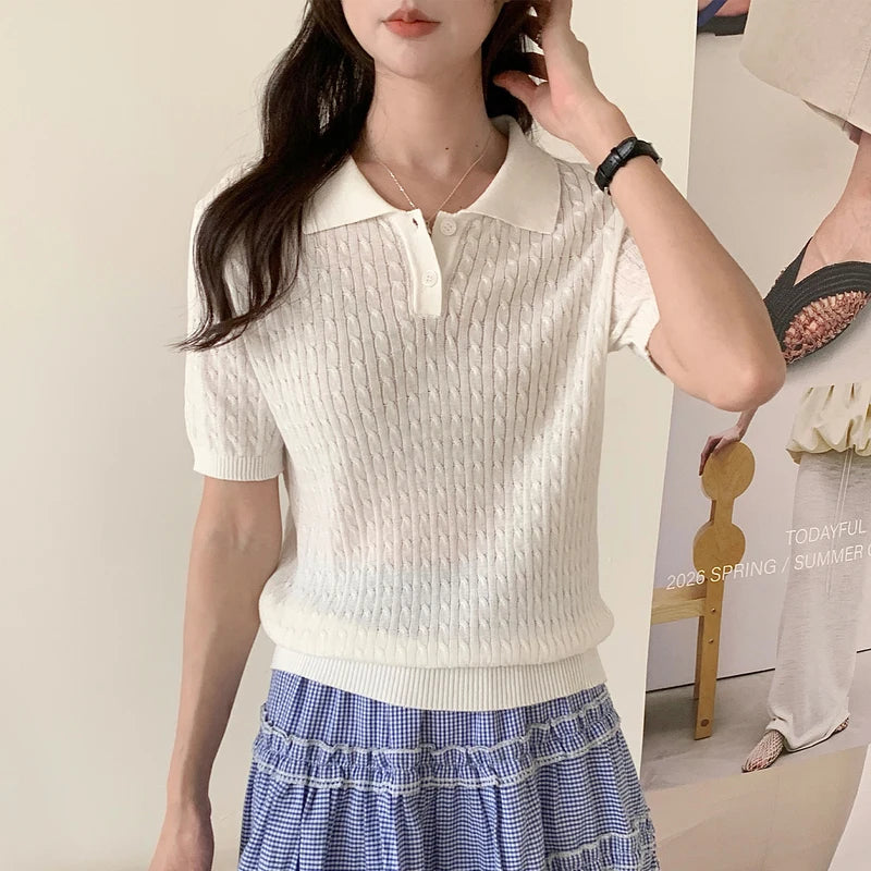 WinvyNee Women Cotton T-shirt Summer Short Sleeve Blue Solid Slim Fit Y2k Polo Collar Casual Pullovers Clothing Basic ZA1523009 - Matrix-studios.com