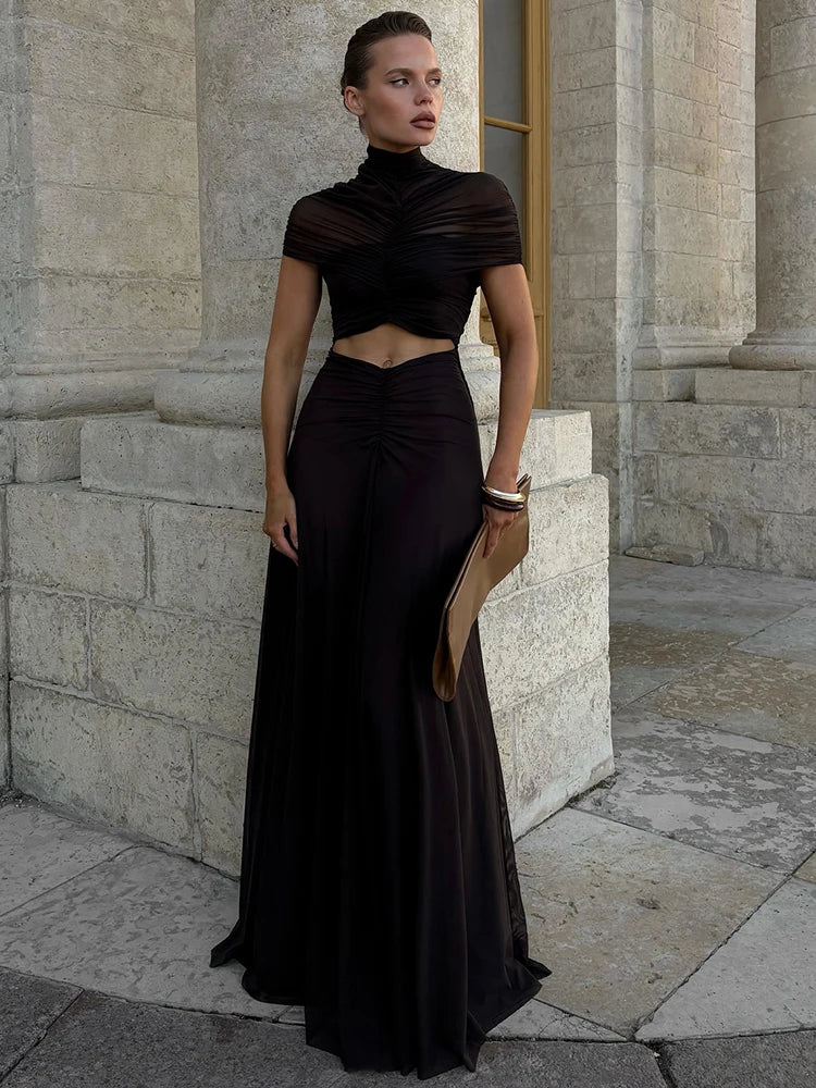 Mozision Hollow Out Short Sleeve Sexy Maxi Dress Women Fashion O Neck Ruched High Waist Bodycon Club Party Long Dress Female - Matrix-studios.com
