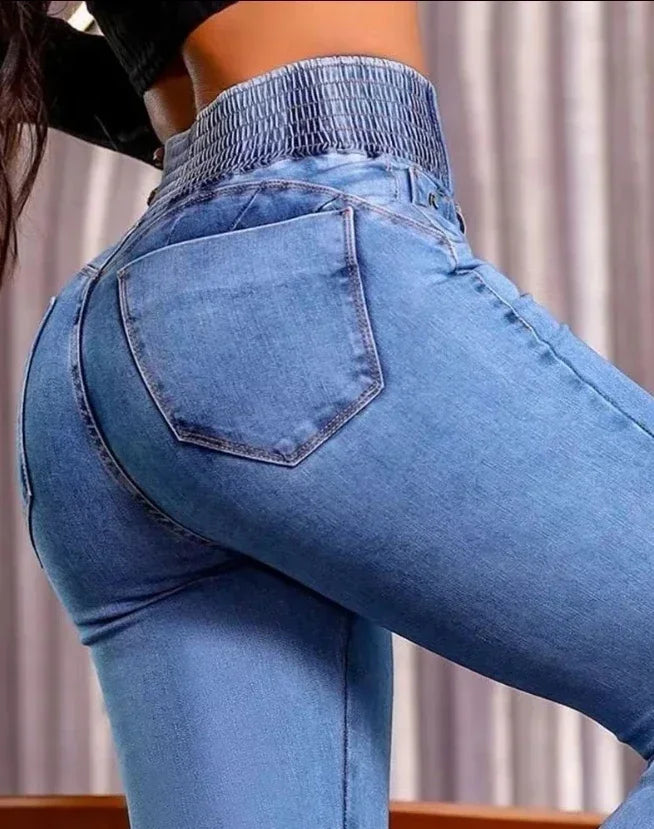 ALLUKASA 2025 autumn winter  Elegant High Waist Button Front Casual Female Jeans Sexy  Fashion Back Shirred Trouser Bottom - Matrix-studios.com