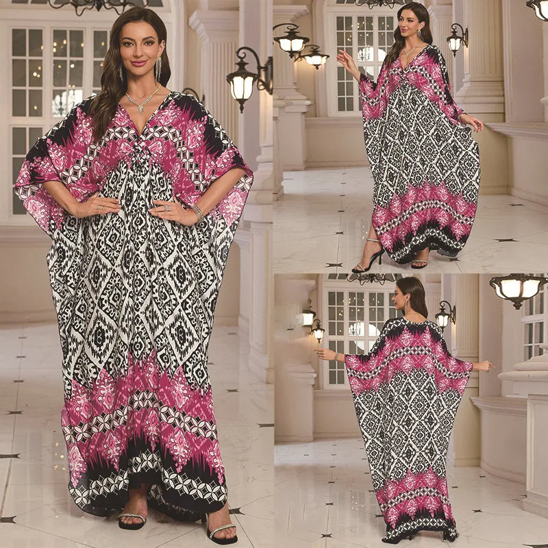 Kaftan Dresses for Women Wave Neck Swimsuit Cover Up Caftan Dress Plus Size Oversized Long Beach Dress - Matrix Studios