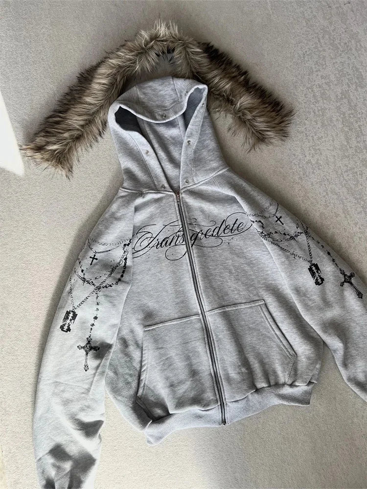 Winter Fashion Streetwear Women's Gothic Punk Faux Fur Hooded Jacket With Cross Print Trendy Edgy Zip - Up Sweatshirt 2026 New - Matrix Studios