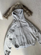 Winter Fashion Streetwear Women's Gothic Punk Faux Fur Hooded Jacket With Cross Print Trendy Edgy Zip - Up Sweatshirt 2026 New - Matrix Studios
