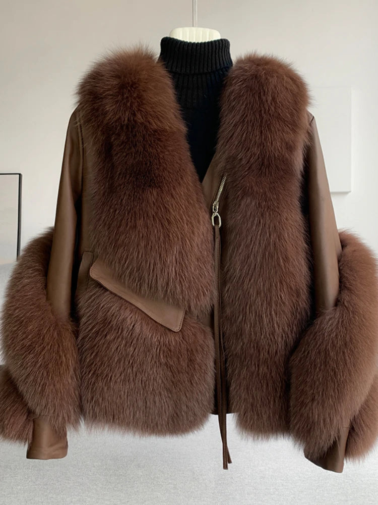 OFTBUY 2022 Real Fur Coat Winter Jacket Women Natural Fox Fur Genuine Leather Outerwear  Streetwear Locomotive Thick Warm New - Matrix Studios