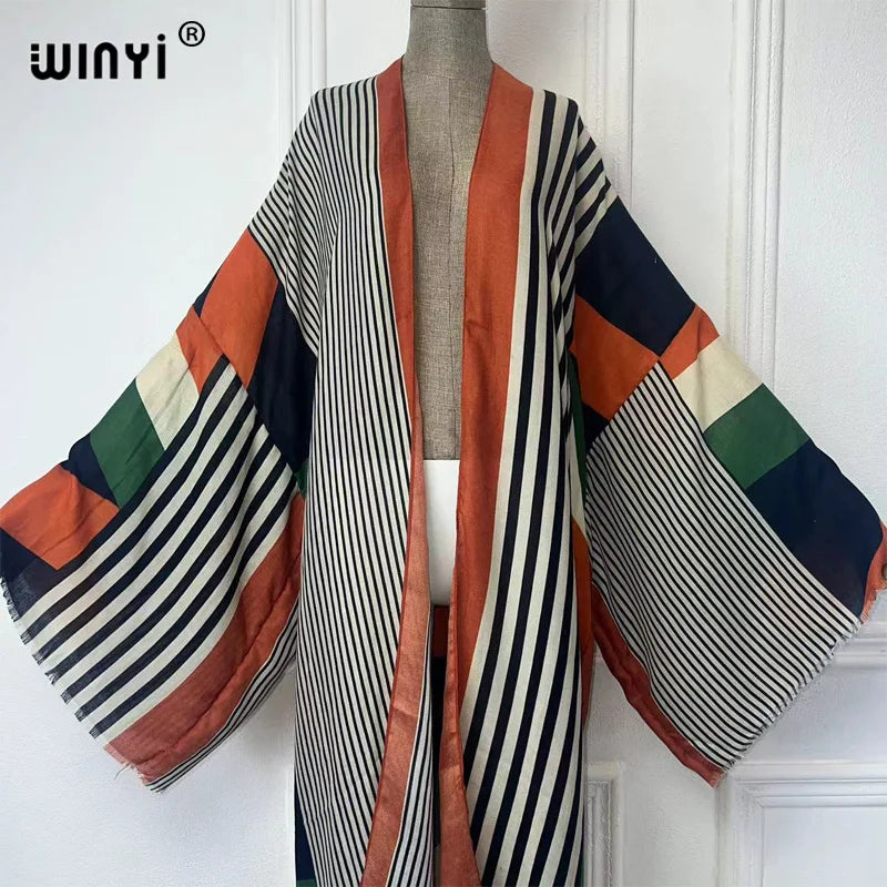 WINYI Africa Summer Fashion Kimono Maxi Dress Beach Cover Up Women Cardigan Boho Sexy Coat Geometric Print Kaftan Beach Outfits - Matrix Studios