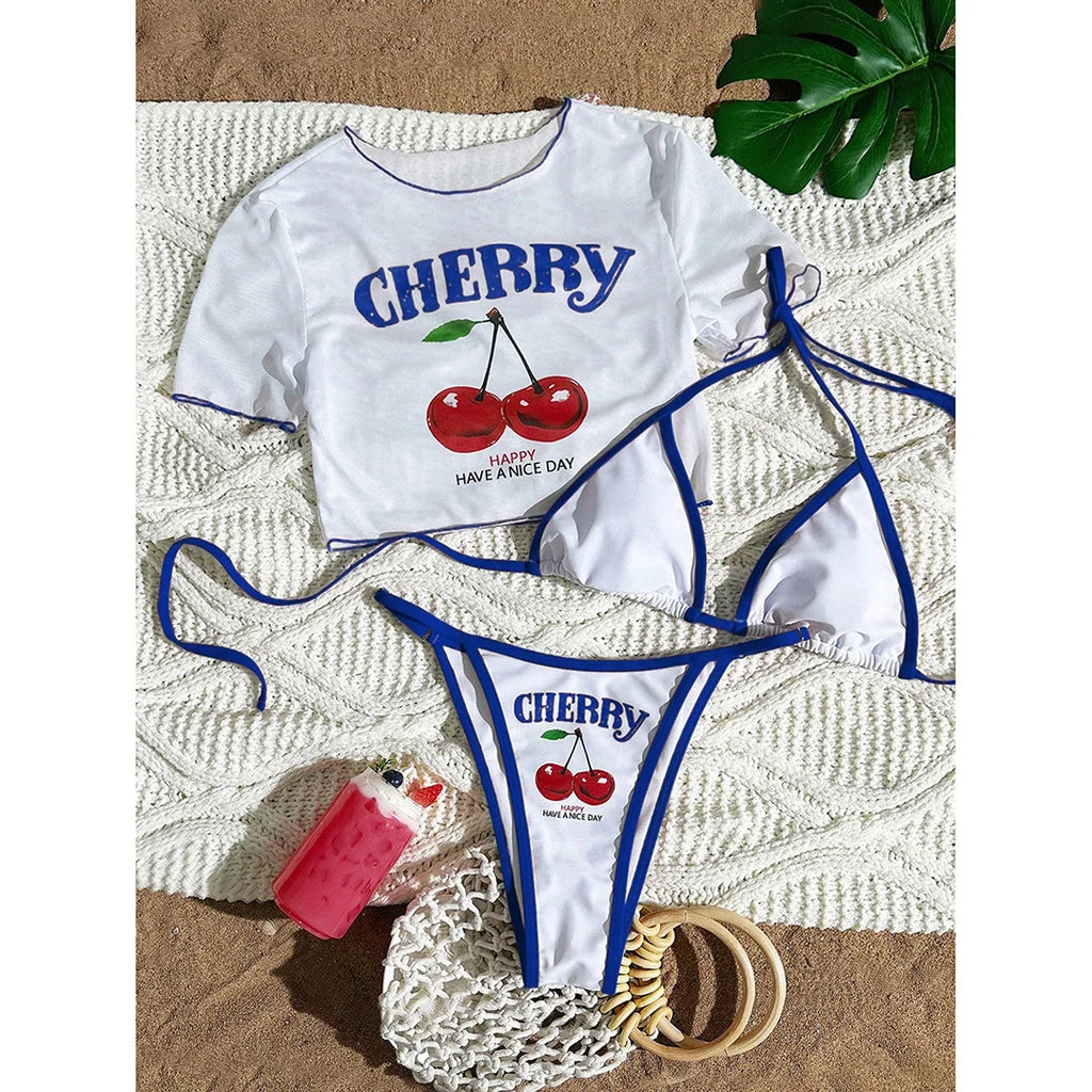 S -XL Cherry Printed Short Sleeve Bikini Female Swimsuit Women Swimwear Three-Pieces Bikini Set Bather Bathing Suit Swim V6854 - Matrix-studios.com