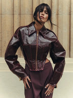 Women Retro Cinched-waist Coated Leather Jacket Casual Lapel Full Sleeve Zipper Fishbone Coats 2026 Lady Daily High Street Coat - Matrix Studios