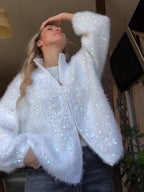 Shiny Sequin Stand Collar Women's Cardigans Double Zippers Full Sleeve Loose Sweater Cardigan 2026 Autumn Winter Casual Knitwear - Matrix Studios