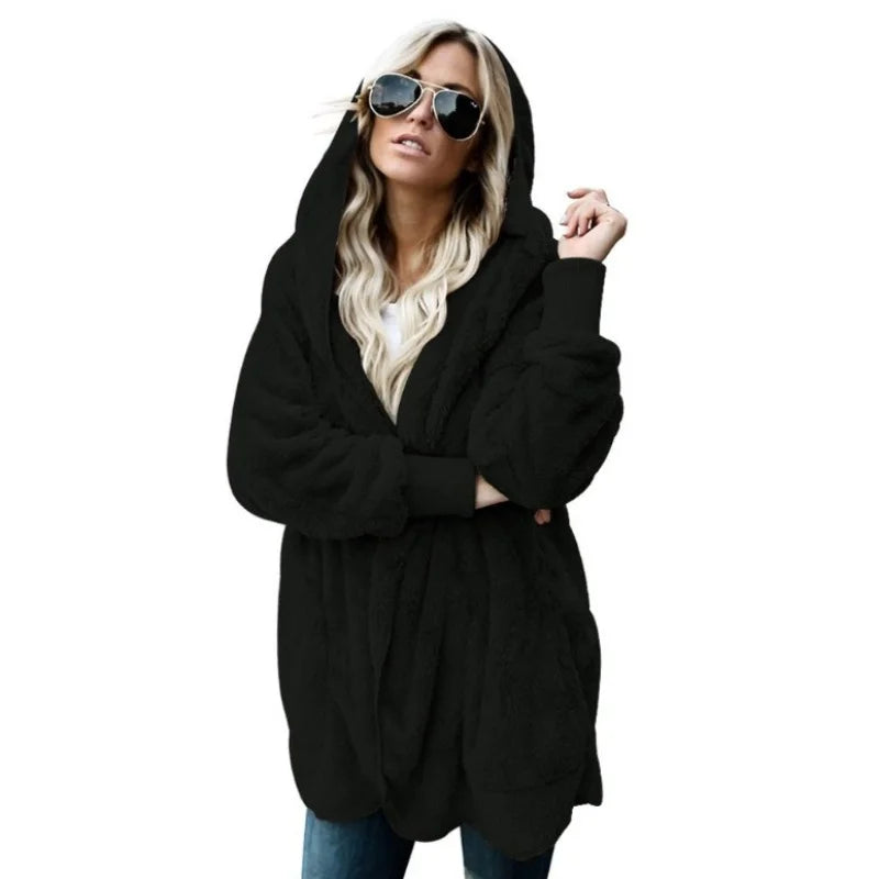 Women Autumn Winter Double-faced Fur Fleece Faux Fur Medium Style Hooded Warm Thick Coat Casual Solid Long-sleeved Fur Overcoat - Matrix Studios