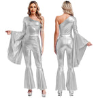 Womens 70S Disco Vintage Jumpsuit Metallic Shiny Flare Sleeve Bodysuit Hippie Bell Bottom Jazz Dance Carnival Rave Party Costume - Matrix Studios