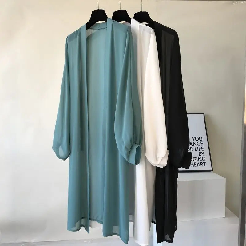 Beach Vacation Summer Women Long Cover-Ups Korean Fashion Casual New Loose Sunscreen Shawl Oversized Solid Chiffon Cardigan Tops - Matrix Studios