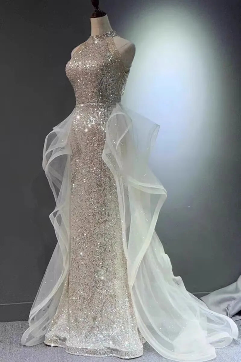 Elegant Sparking Navy Blue Evening Dresses Halt Beading Party Gown Customized Prom Dress 2025 Tiered robes de soirée Sweep Train - Matrix Studios
