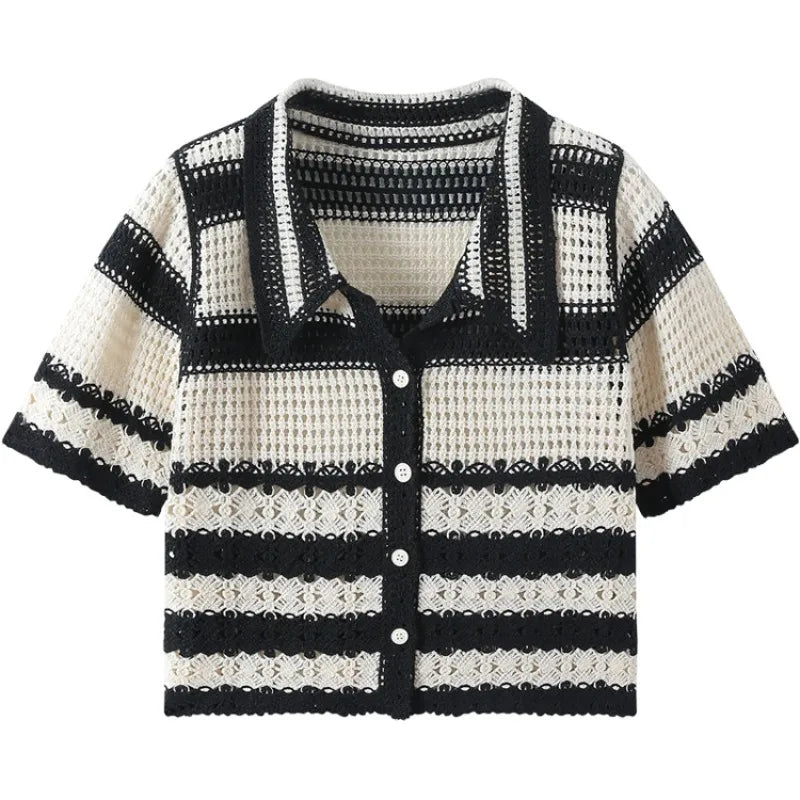 Striped Crochet Vest Top Collared Button-up Short Sleeve Sheer Crop Knit Top Cardigan Women Teengirl Fairycore Vintage Outfit - Matrix Studios