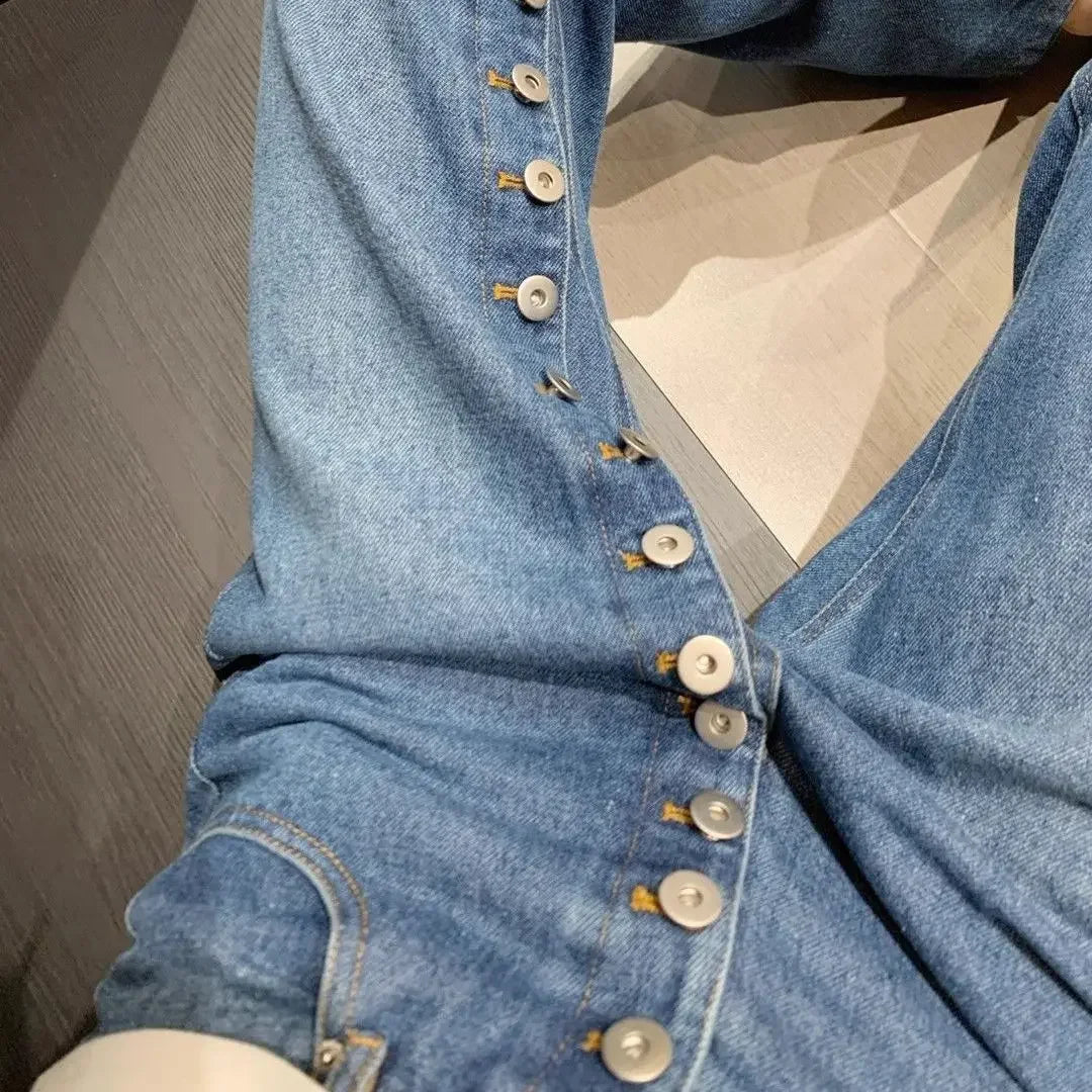 American high street breasted design straight jeans women's autumn and winter new high waist design fashion loose slim pants. - Matrix-studios.com